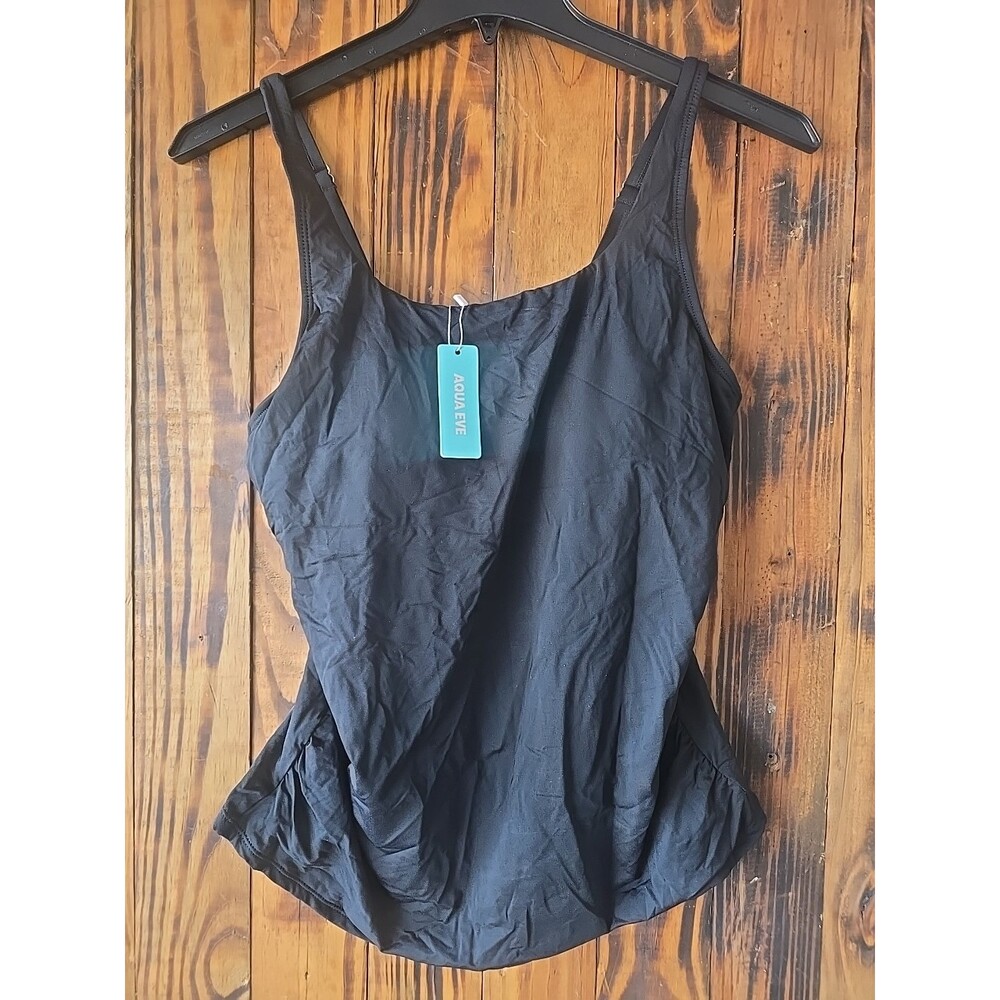 New! AQUA EVE Black Tankini Side Rouche Swim Top, Women's Xl